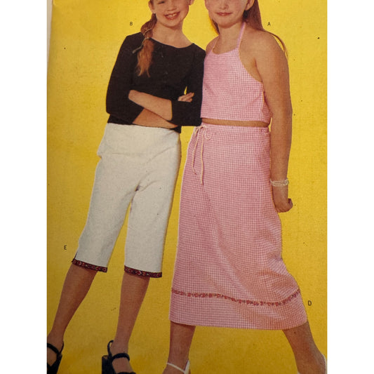 Butterick 6662 Girls Y2K Sewing Pattern Halter Top Skirt Capri Pants Outfit 7-10 Uncut