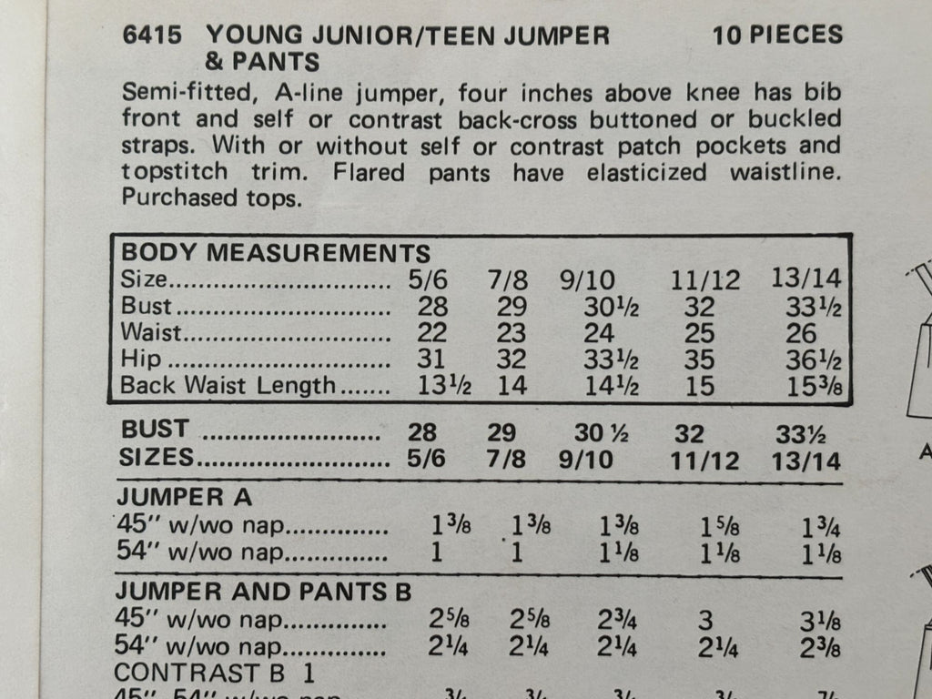 Butterick Sewing Pattern 6415: Young Junior / Teen Jumper and Pants
