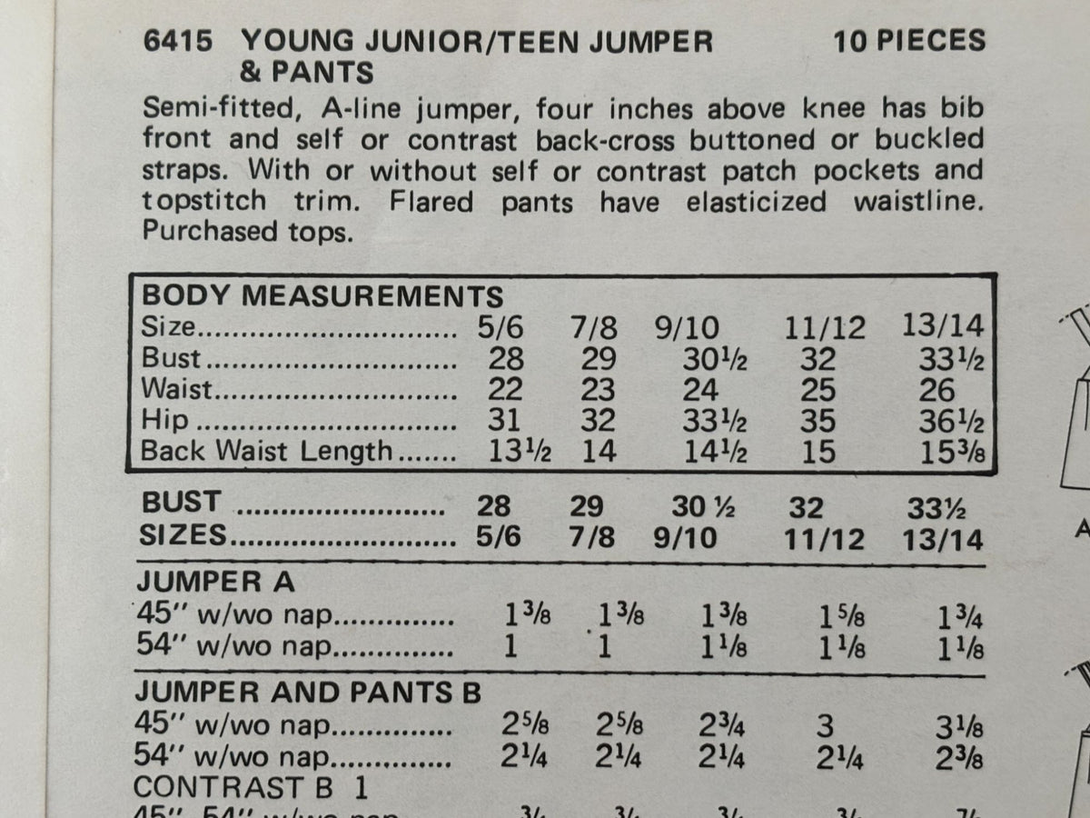 Butterick Sewing Pattern 6415: Young Junior / Teen Jumper and Pants