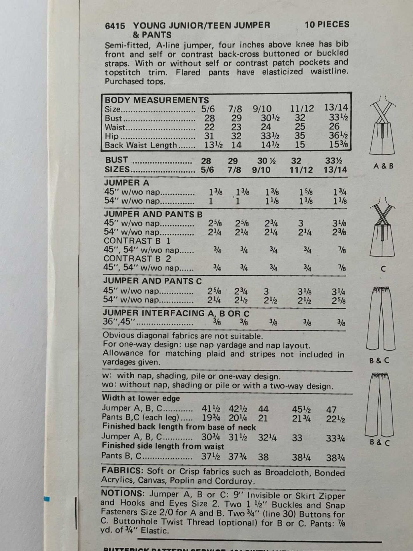 Butterick Sewing Pattern 6415: Young Junior / Teen Jumper and Pants