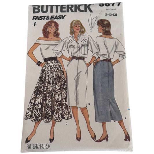 Butterick Sewing Pattern 5677 Midi Flared Straight Skirt Classic 80s Style 8-12 Uncut Vintage