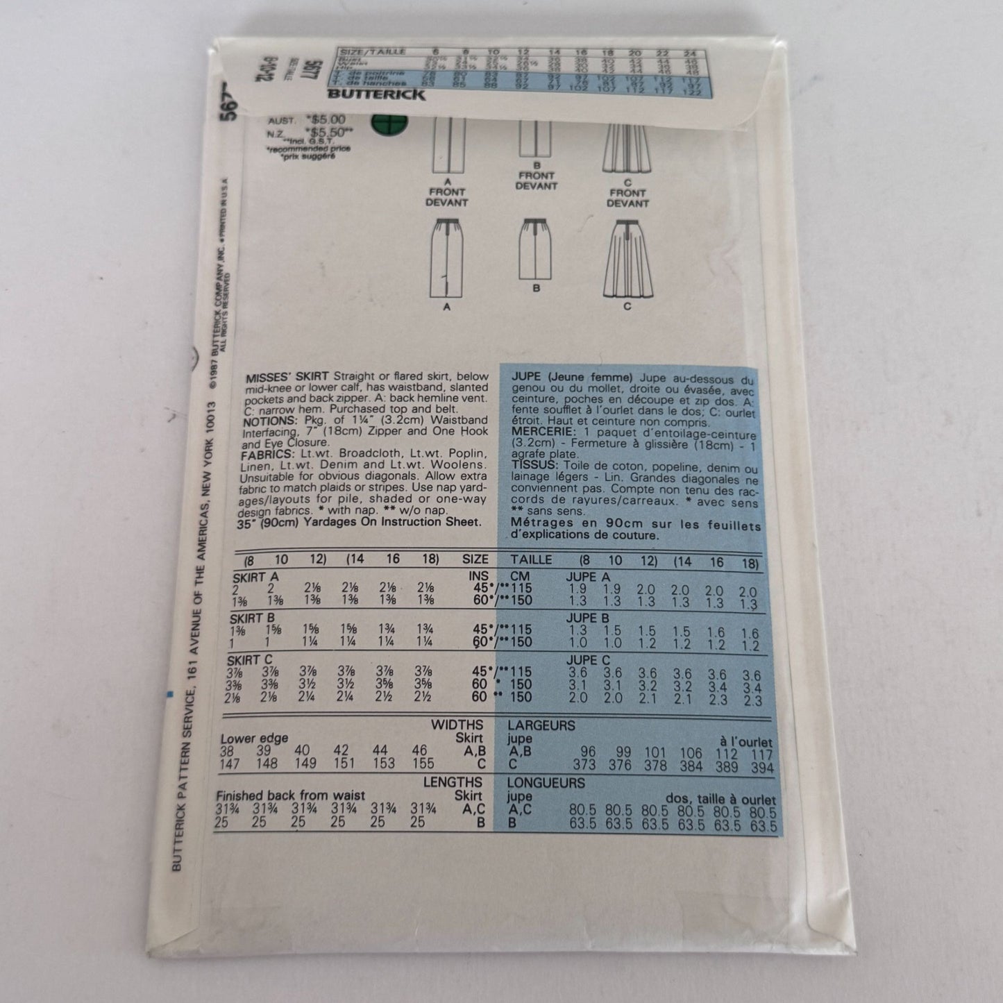 Butterick Sewing Pattern 5677 Midi Flared Straight Skirt Classic 80s Style 8-12 Uncut Vintage