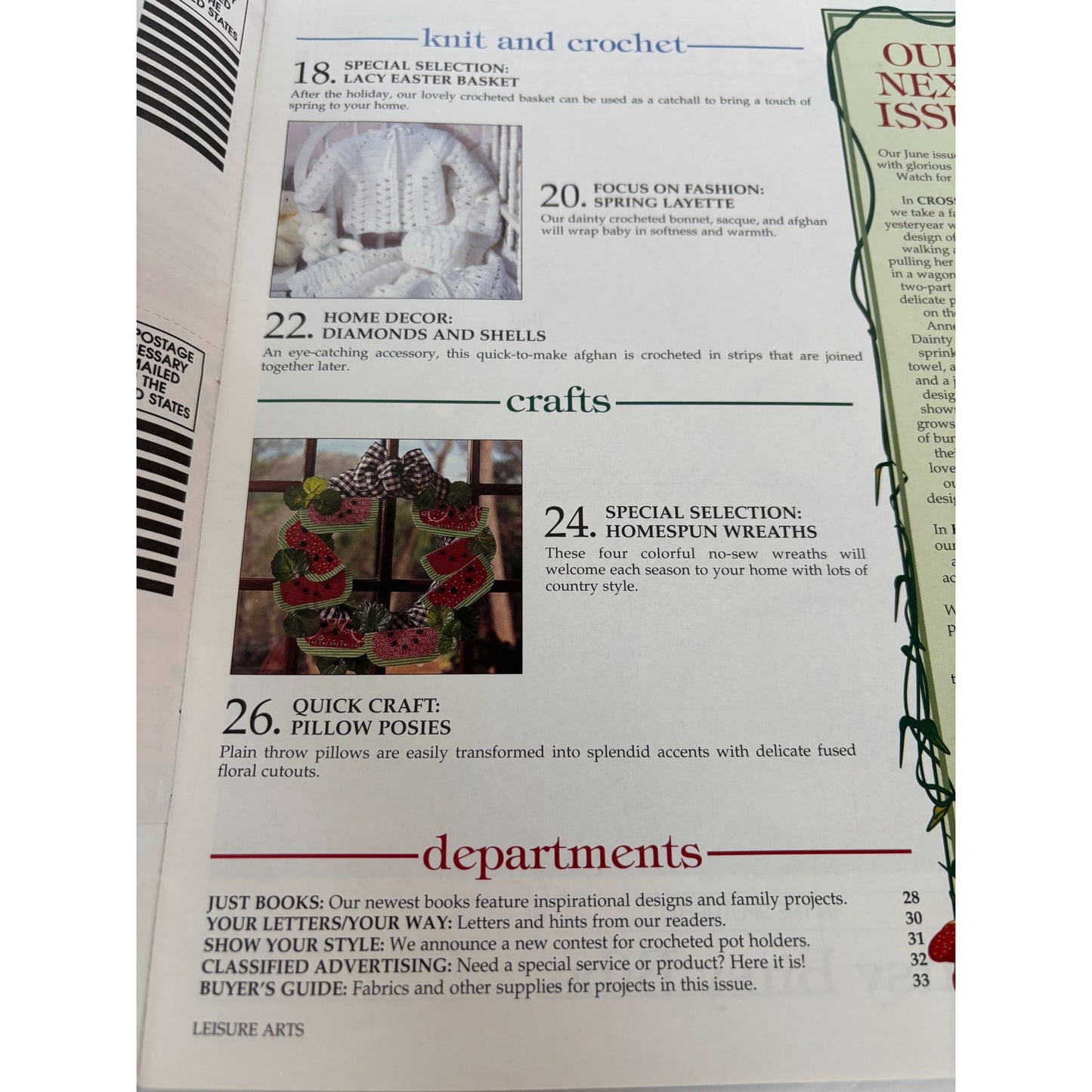 Leisure Arts Magazine April 1996 Cross Stitch Knitting Crochet Homespun Wreaths