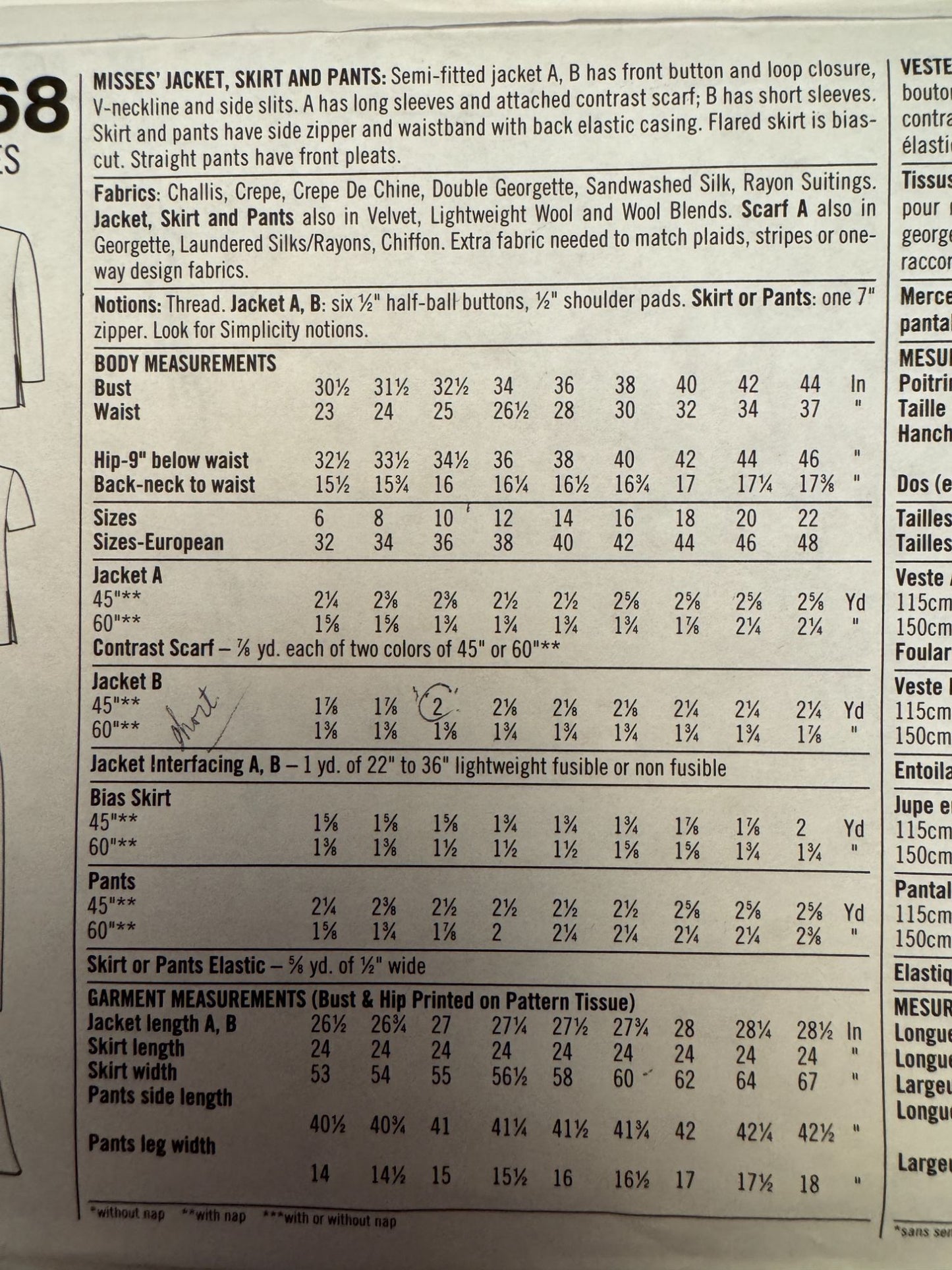 Simplicity Sewing Pattern 7968 Misses Suit Jacket Skirt Pants Scarf  6 8 10 UC