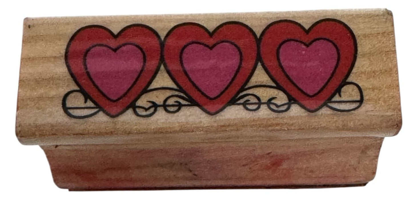 Rubber Stamp Triple Heart Design Border Valentines Day Card Making Love Wooden