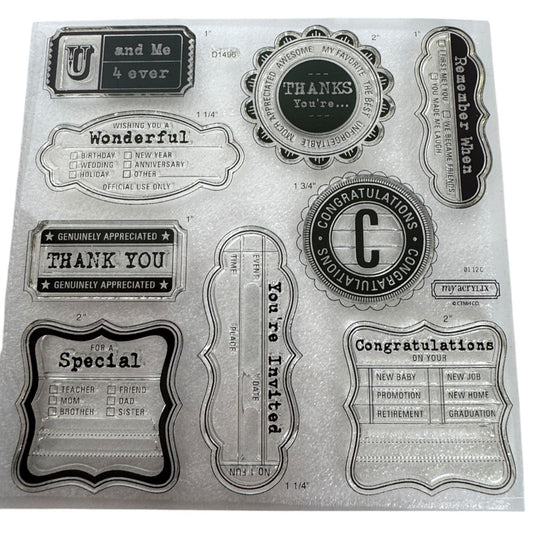 CTMH My Acrylix Acrylic Stamp Set Tags Congratulations Sentiments Words D1496