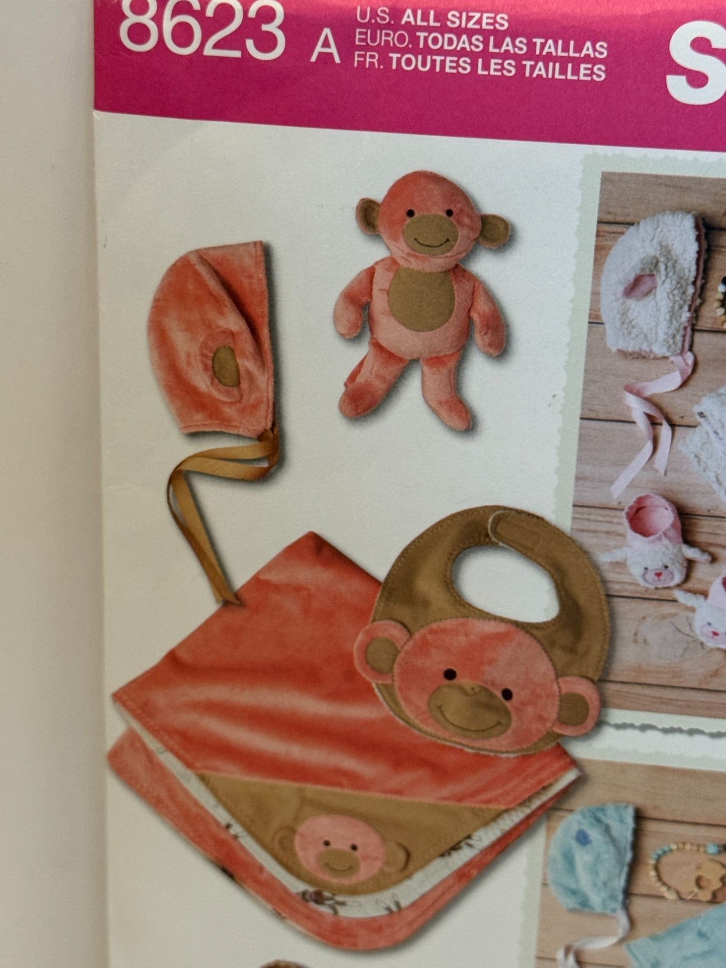 Simplicity Sewing Pattern 8623 Baby Hats Booties Fleece Blanket Monkey Lamb Bear