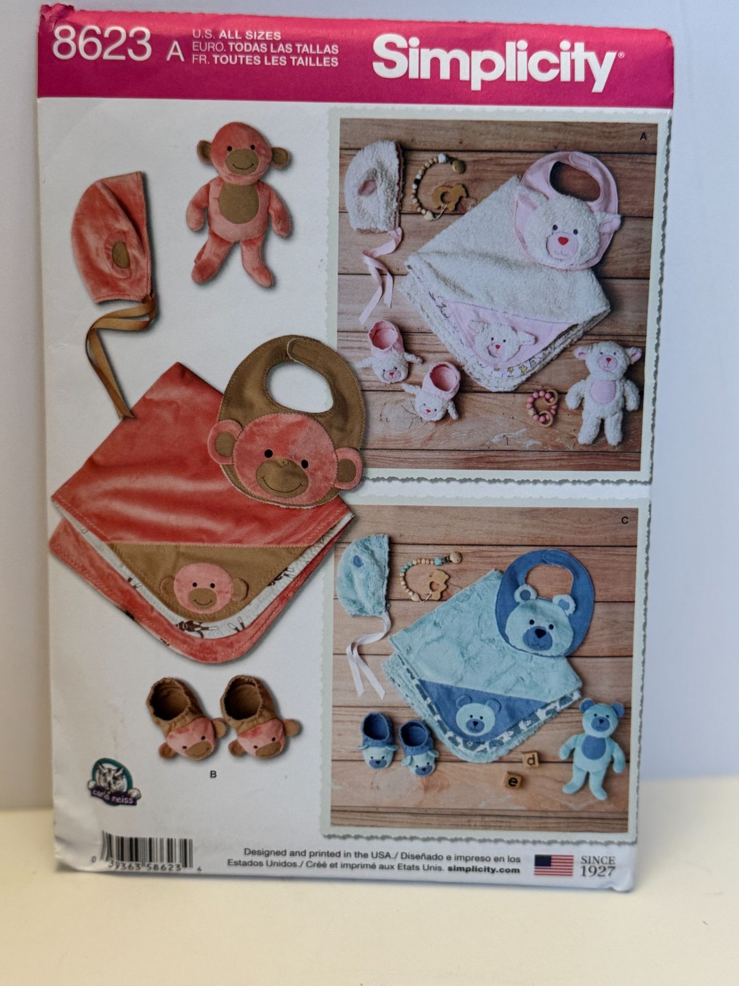 Simplicity Sewing Pattern 8623 Baby Hats Booties Fleece Blanket Monkey Lamb Bear