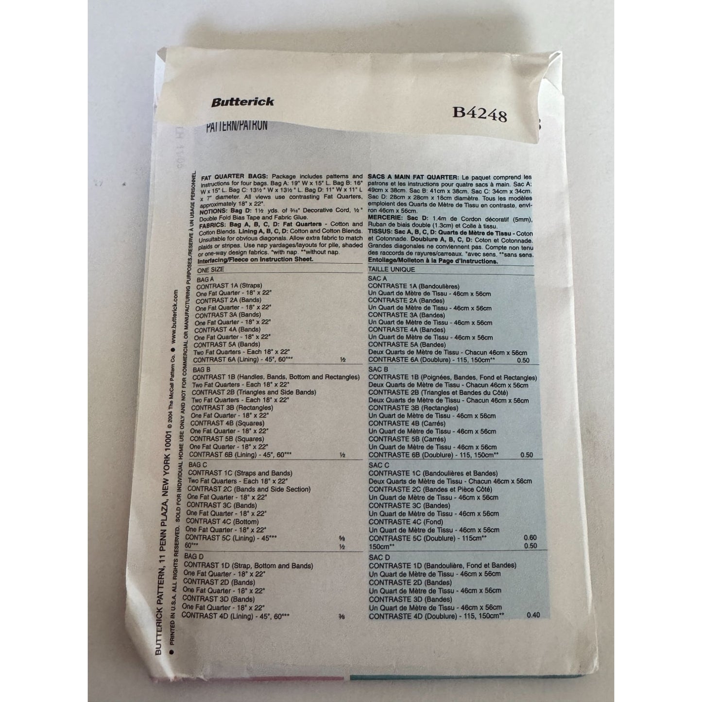 Butterick B4248 Fat Quarter Bag Sewing Pattern Tote Bag Drawstring Bag Quilted Bags Uncut