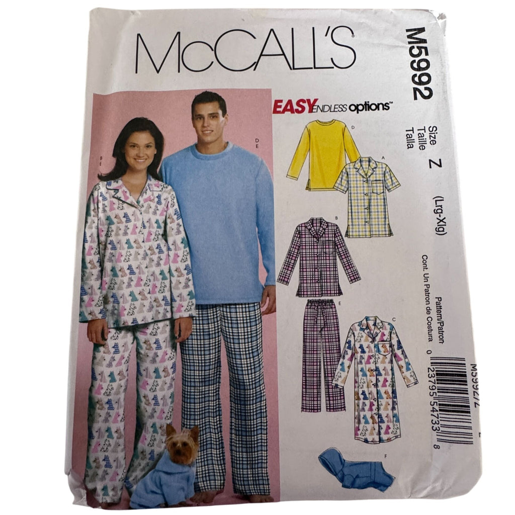 McCalls Sewing Pattern M5992 Pajamas Sz L-XL Dog Sweatsuit Matching Couple Holidays Christmas Loungewear Uncut