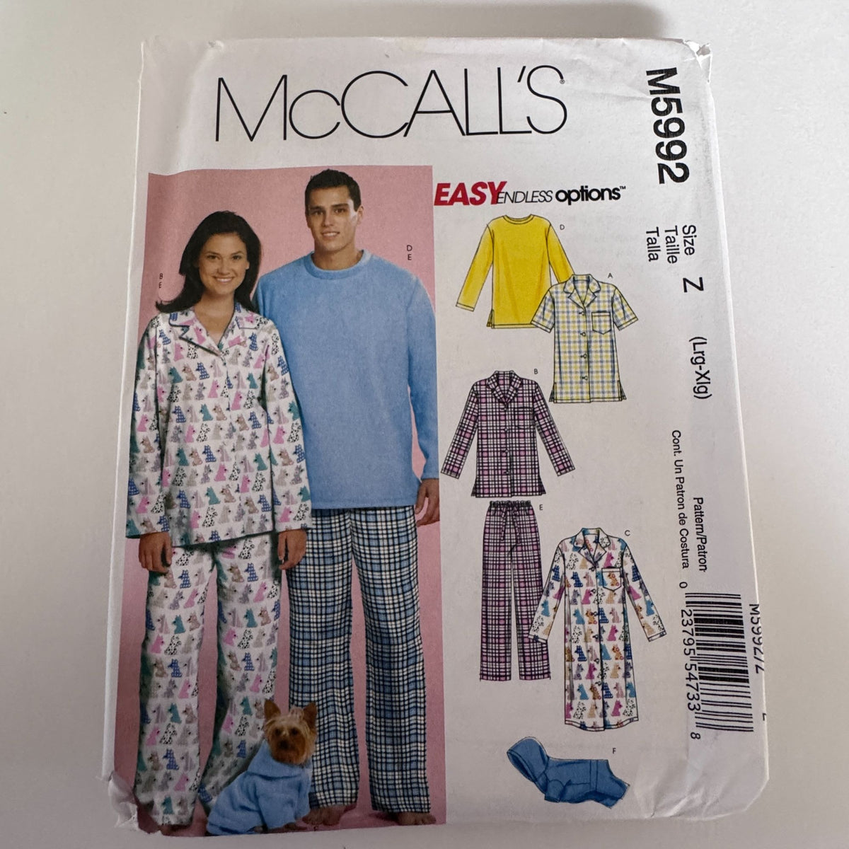 McCalls Sewing Pattern M5992 Pajamas Sz L-XL Dog Sweatsuit Matching Couple Holidays Christmas Loungewear Uncut