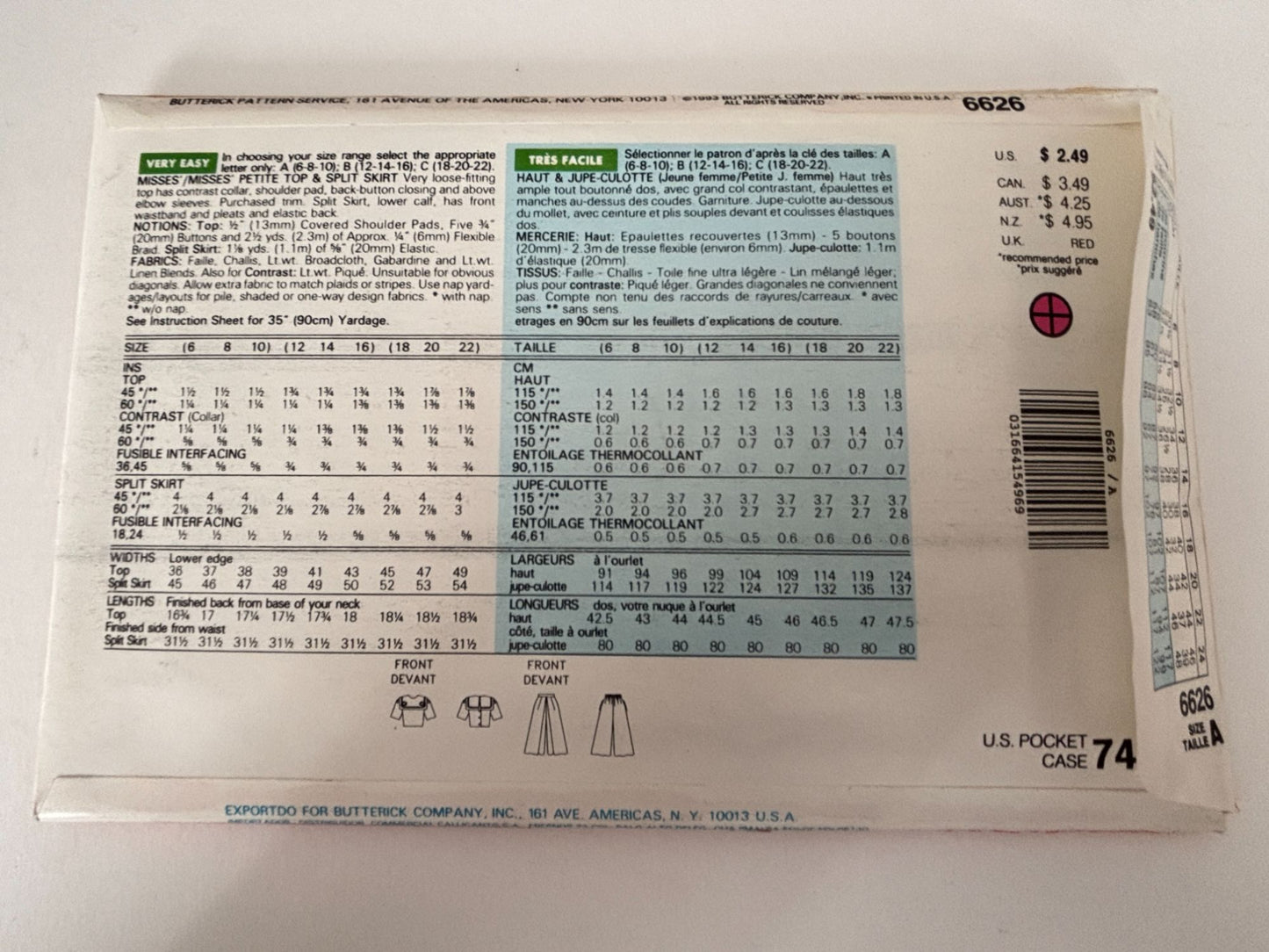 Butterick Sewing Pattern 6626 Top and Split Skirt Work Easy 1990s Uncut 6 8 10