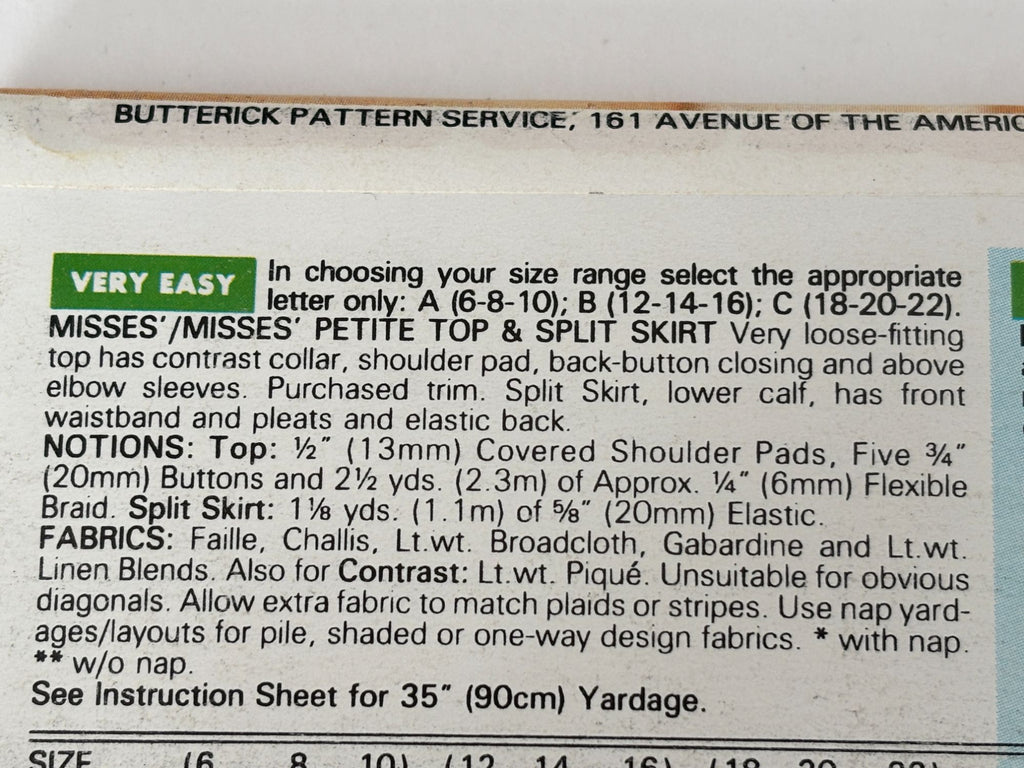 Butterick Sewing Pattern 6626 Top and Split Skirt Work Easy 1990s Uncut 6 8 10