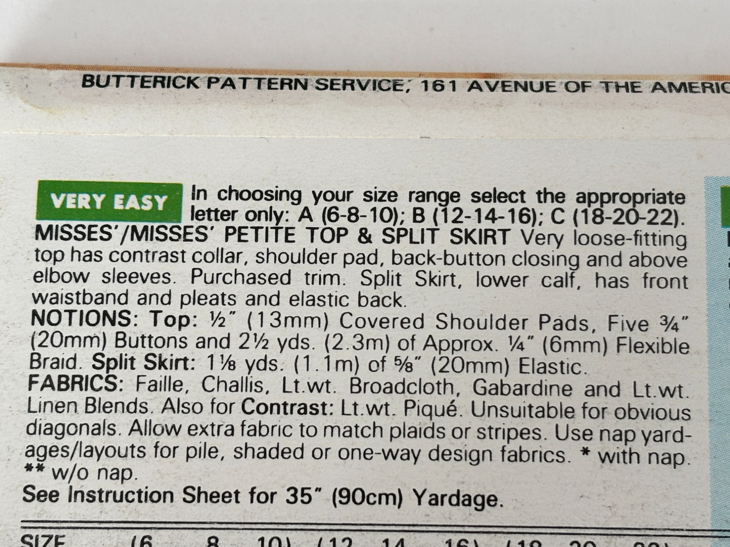 Butterick Sewing Pattern 6626 Top and Split Skirt Work Easy 1990s Uncut 6 8 10