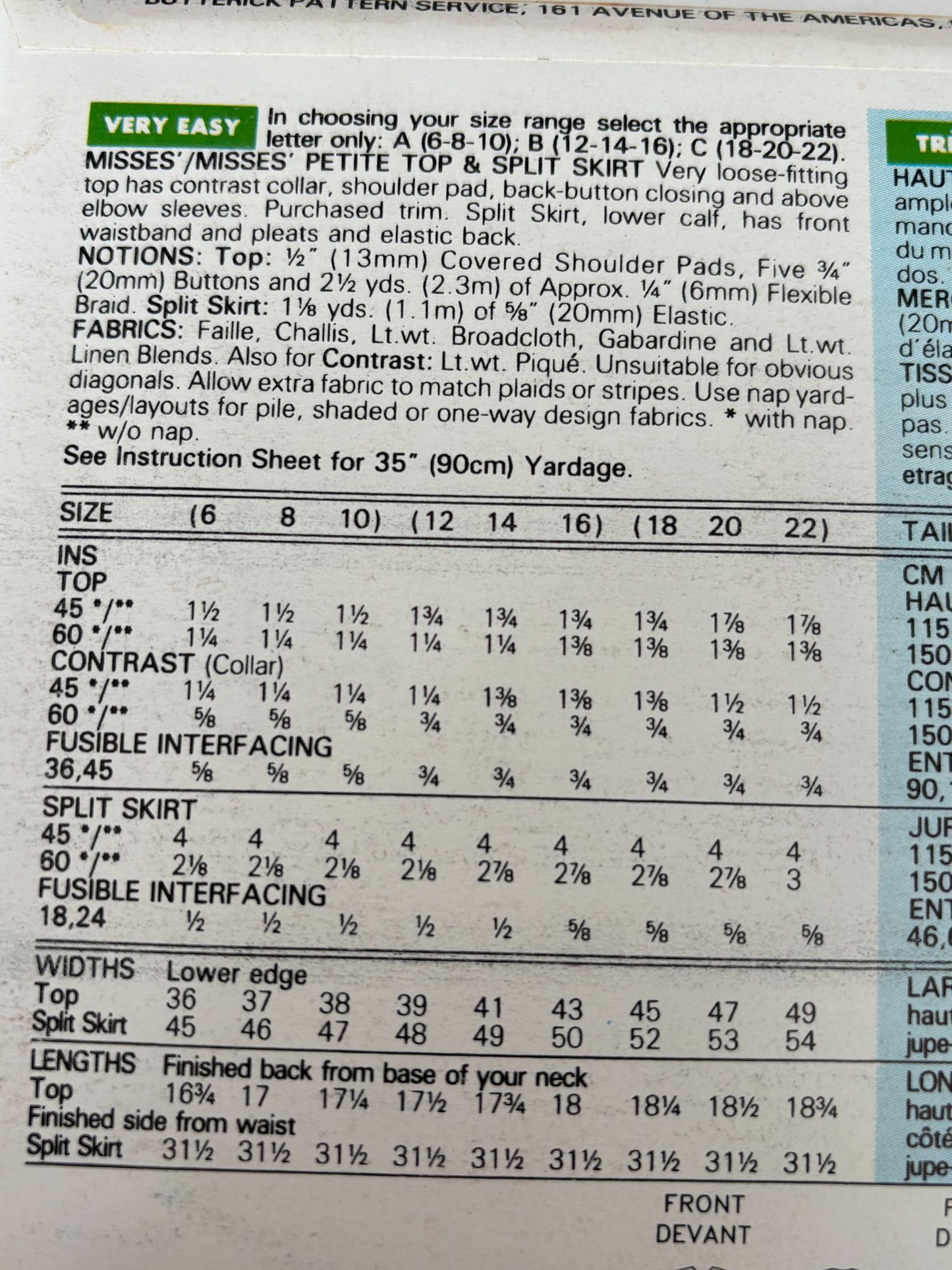 Butterick Sewing Pattern 6626 Top and Split Skirt Work Easy 1990s Uncut 6 8 10