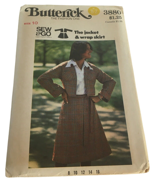 Butterick Sewing Pattern 3880 Wrap Skirt Blazer Collegiate 1970s Vintage 10 UC