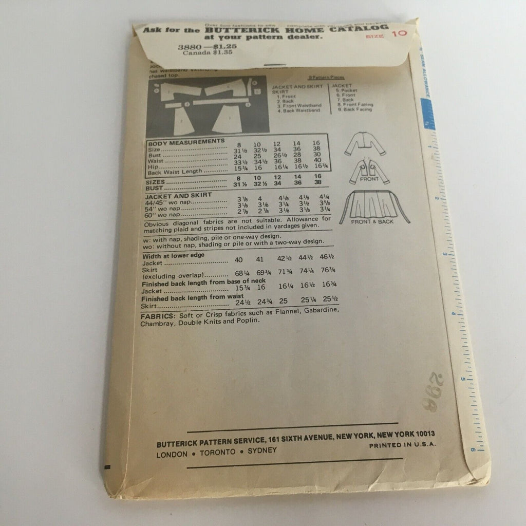 Butterick Sewing Pattern 3880 Wrap Skirt Blazer Collegiate 1970s Vintage 10 UC