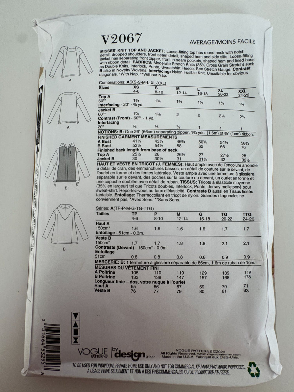 Vogue Sewing Pattern V2067 Knit Top and Hooded Jacket Sizes Round Neck 4-26 UC