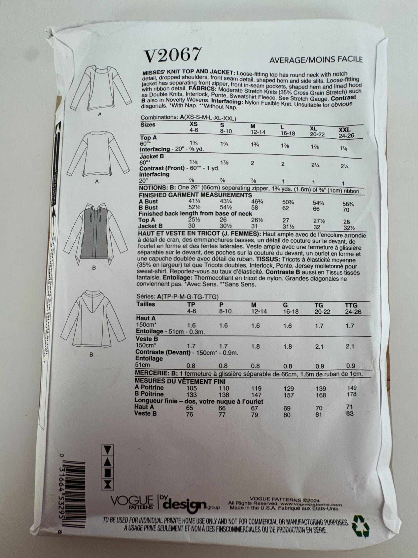 Vogue Sewing Pattern V2067 Knit Top and Hooded Jacket Sizes Round Neck 4-26 UC