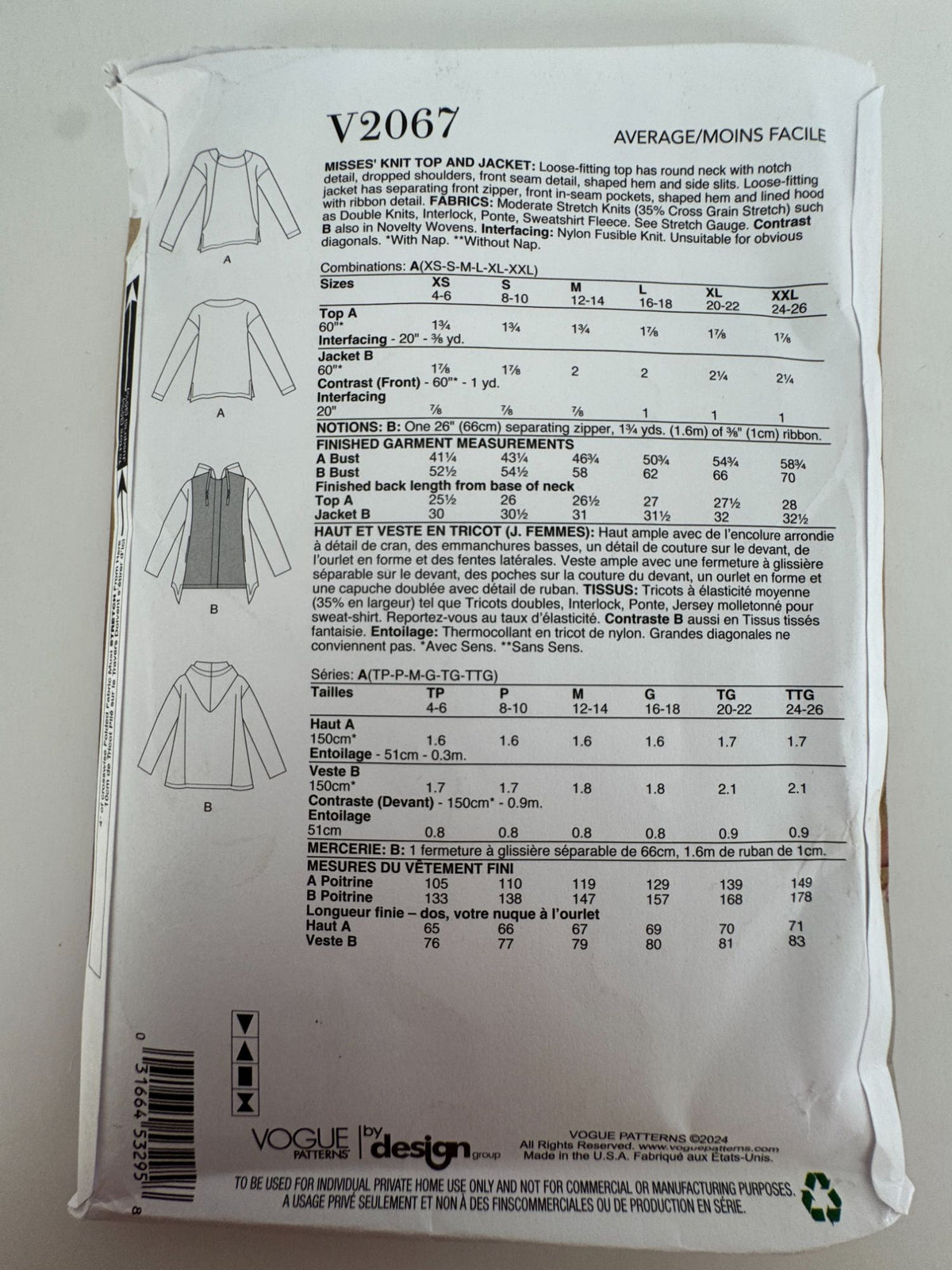 Vogue Sewing Pattern V2067 Knit Top and Hooded Jacket Sizes Round Neck 4-26 UC