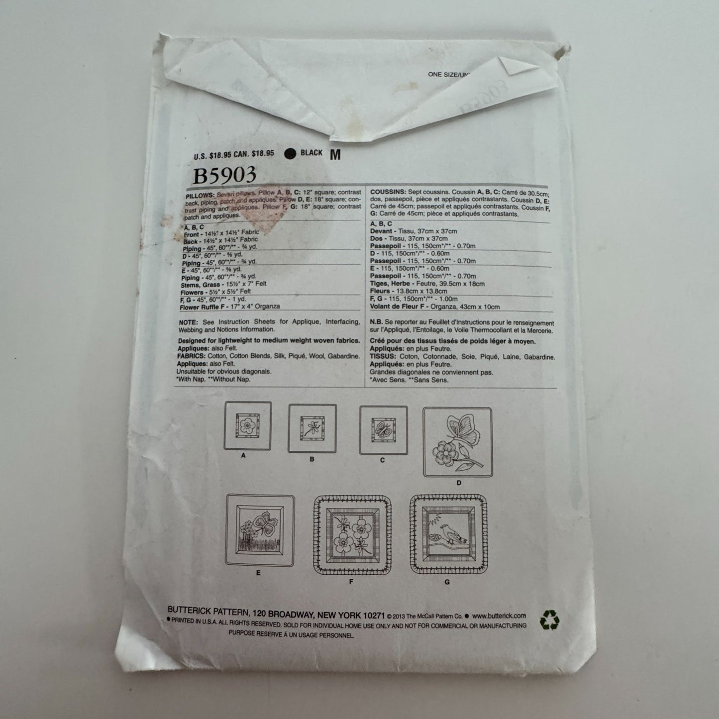 Butterick Sewing Pattern B5903 Decorative Pillows Square Home Decor Wallis Uncut