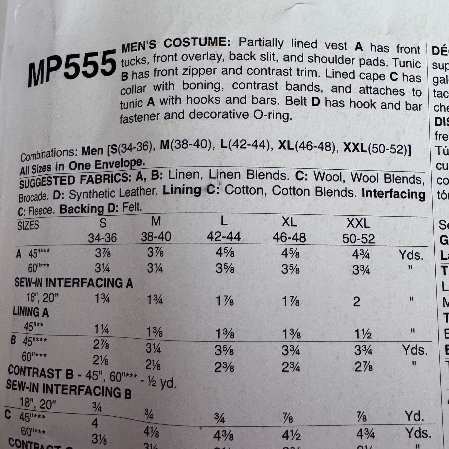 McCalls Sewing Pattern MP555 Wizard Costume Sorcerer Cape Cosplay Superhero Tunic Mens 34-52 Uncut