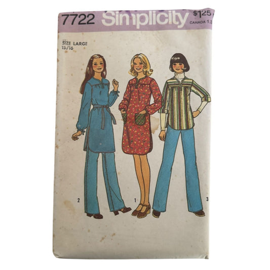 Simplicity Sewing Pattern 7722 Vintage 1970s Juniors Teen Dress Top Large 15/16