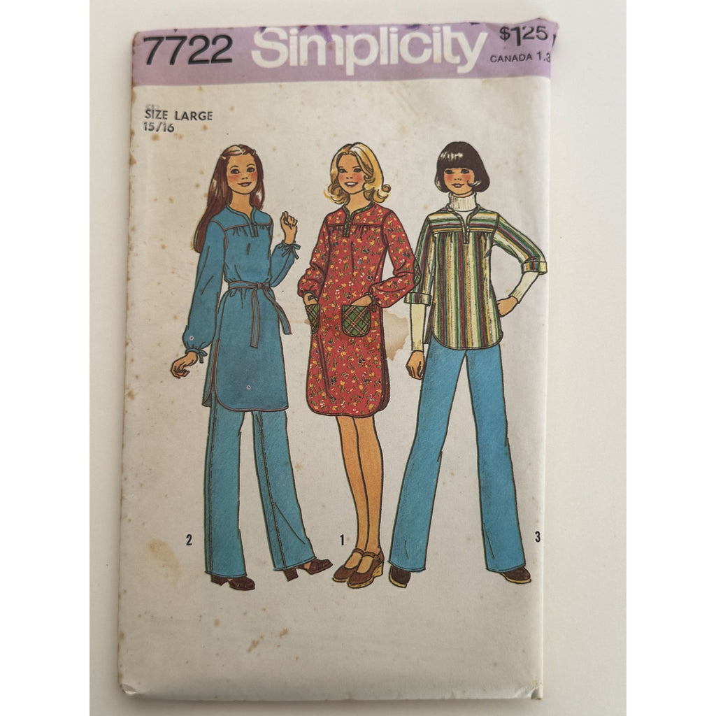 Simplicity Sewing Pattern 7722 Vintage 1970s Juniors Teen Dress Top Large 15/16