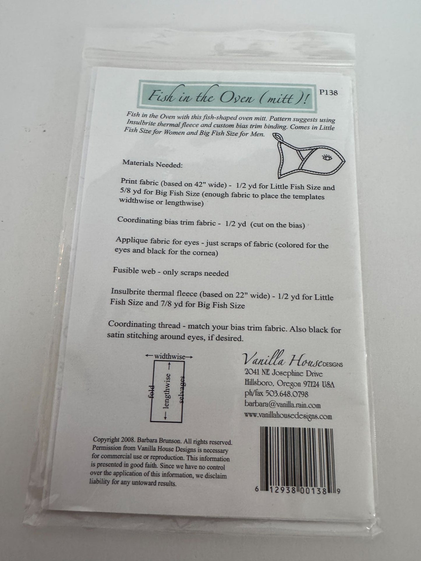 Vanilla House Sewing Pattern P138 Fish Shaped Oven Mitt Kitchen Home Decor Uncut