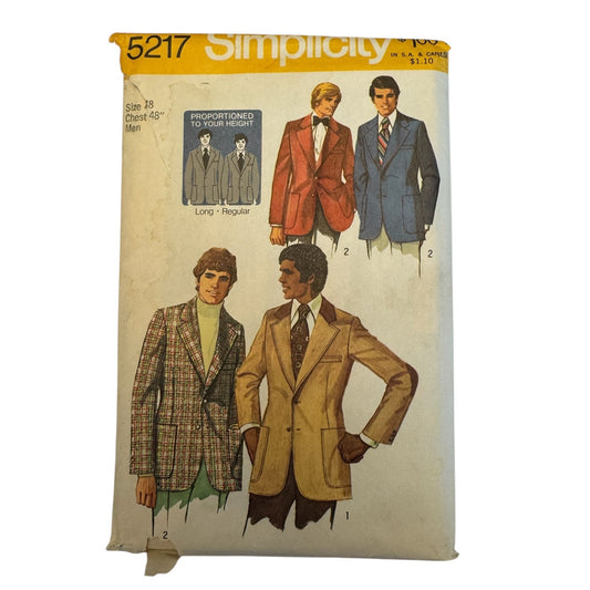 Simplicity Sewing Pattern 5217 Mens Jacket Proportioned Blazer 70s Tailoring 48 Uncut